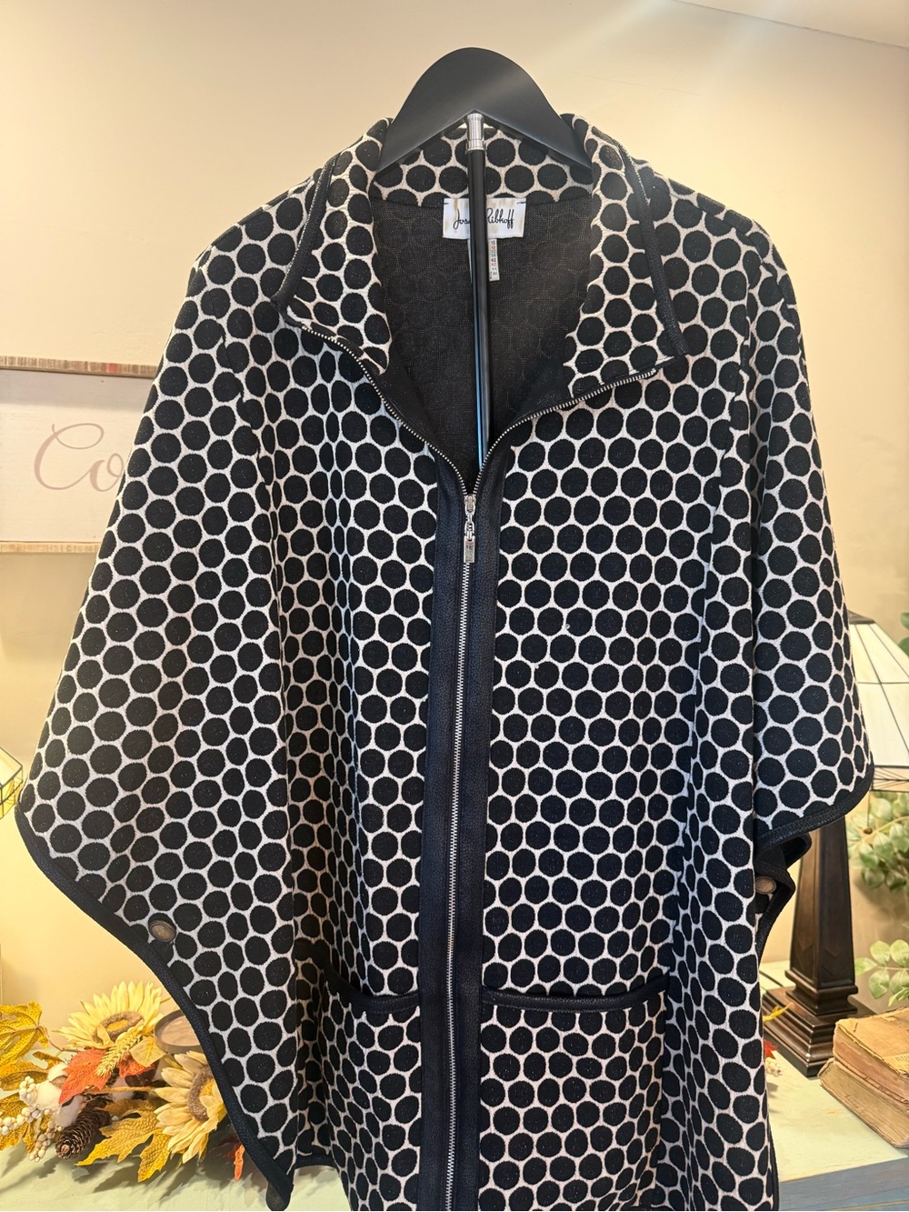 Joseph Ribkoff Black & Cream Polka Dot Cape Jacket – Size 10